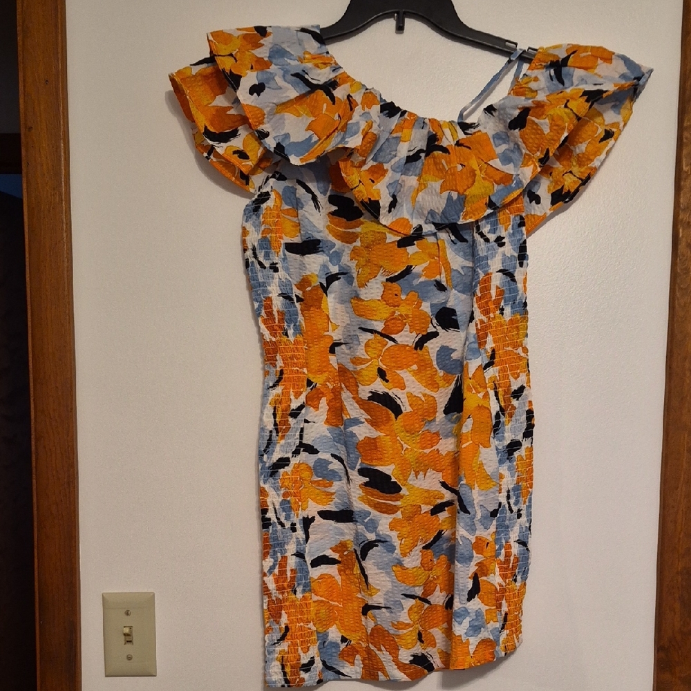 NWT Vero Moda Womans Yellow Floral Off The Shoulder Smocked Dress Sz S